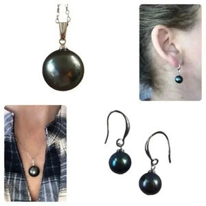 Gorgeous Black Baroque Pearls Earrings & Necklace Set NWT